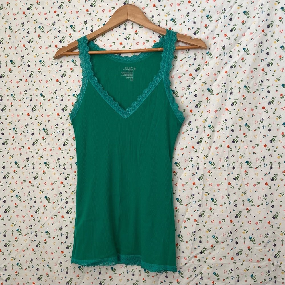 Early 2000s Y2K Old Navy Green Lace Trim Tank Top - Picture 1 of 5
